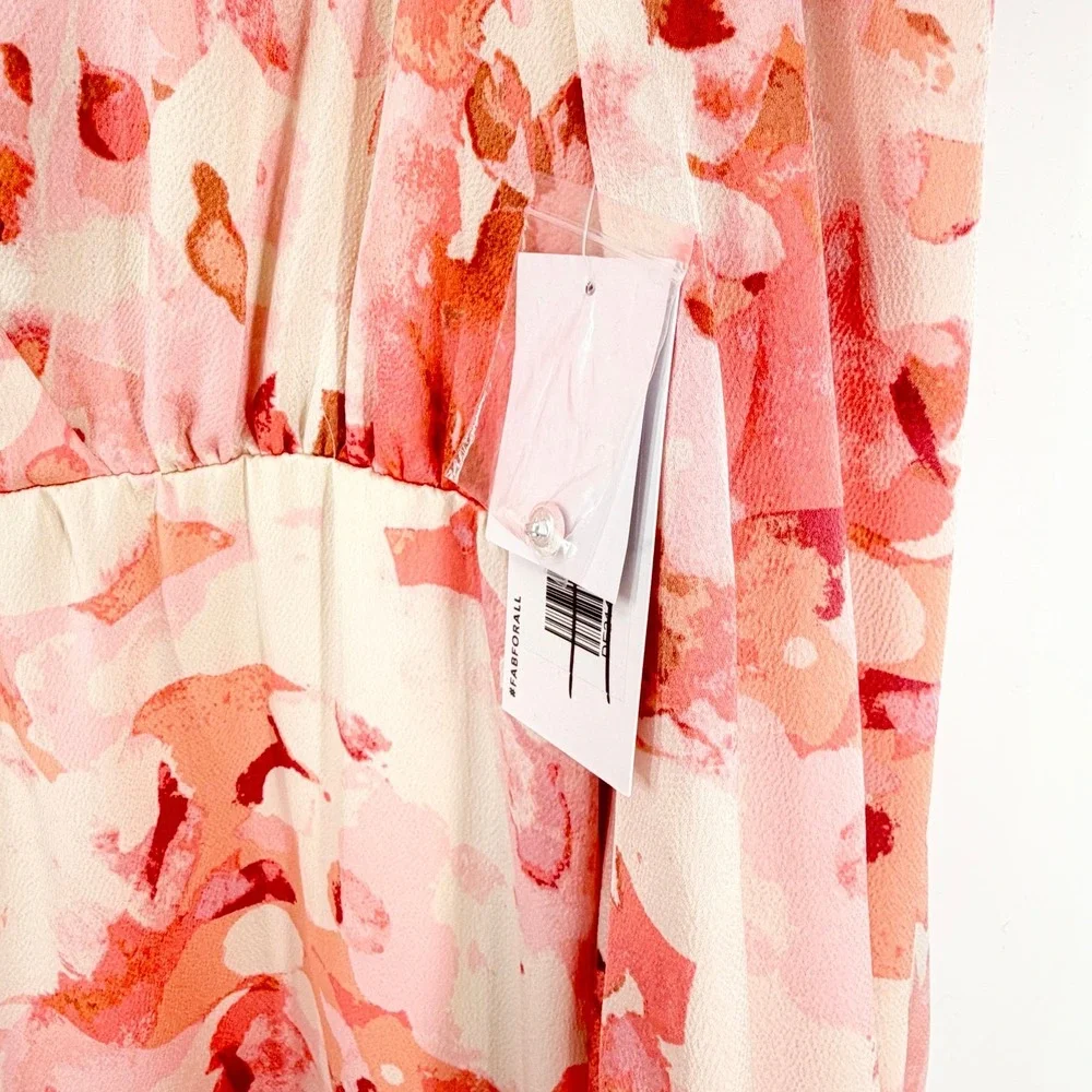 NWT Floral Midi Dress Pink Cream Romantic Cottagecore Tie Waist Size M